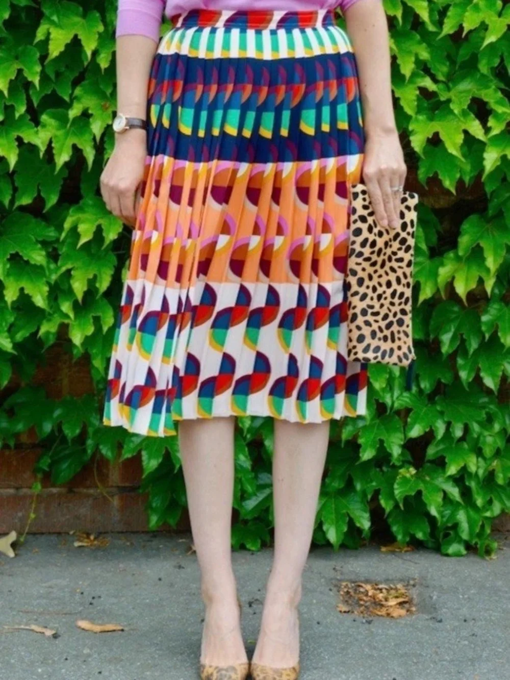 J.Crew Pleated Multicolor Geometric Art Retro Print Midi Skirt Peach Navy 6 - Picture 12 of 14